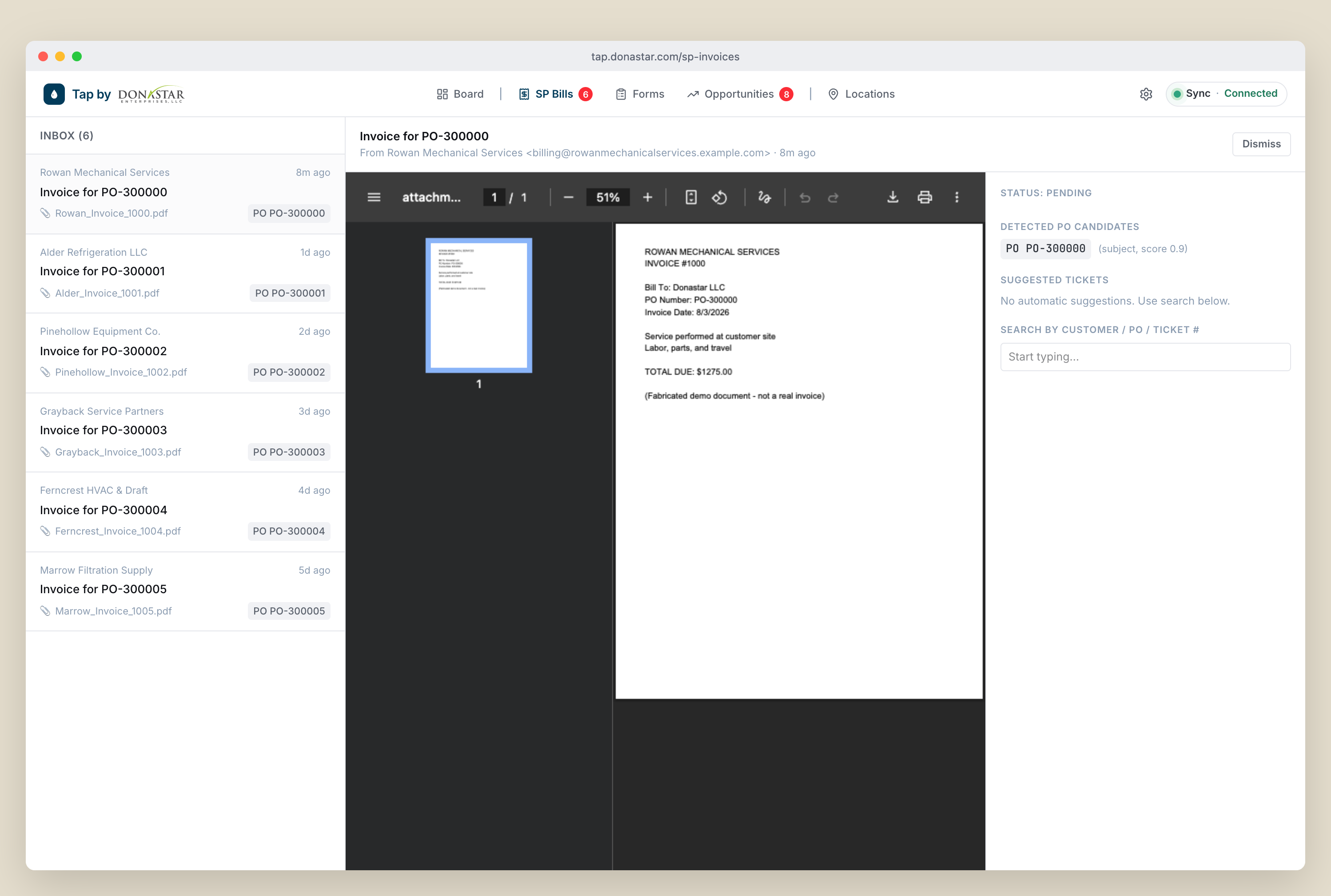 TAP provider bill inbox matching invoices to purchase orders